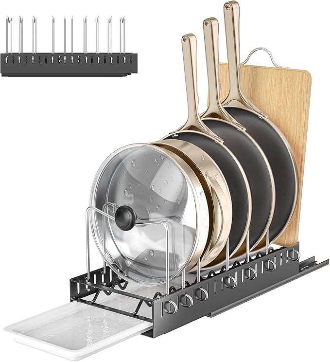 Pull Out Pots And Pans Organizer Under Cabinet,Pot Organizers Inside Cabinet,Pot Lid Holders & Pan Rack With Drain Tray,10 Adjustable Dividers(Black)