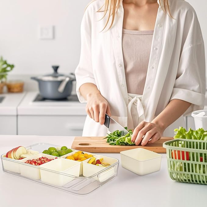 Snack Box Containers, Divided Serving Snack Tray with Lid - Double layered Stackable Snackle Platters with Bag, 8 Compartment for Snacks, Candy, Fruits, Nuts, Veggie for Fridge, White Large Organizer.