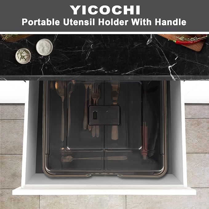 Portable Utensil Holder for Countertop with Lid & Handle, Plastic Silverware Tray for Drawer Flatware Organizer, Black