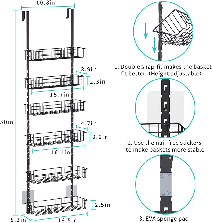 6-Tier Pantry Door Organizer, Heavy-Duty Metal Hanging Spice Racks with 6 Adjustable Baskets for Storing Cans, Spice, Plastic Wraps, Garbage Bags, etc