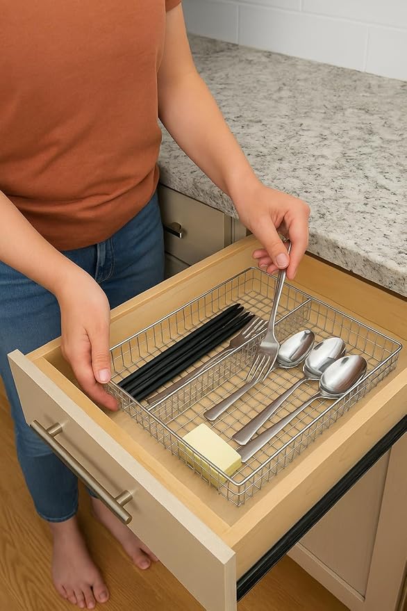 5-Compartment Chrome Wire Cutlery Tray – Durable Utensil & Drawer Organizer for Kitchen & Office Supplies