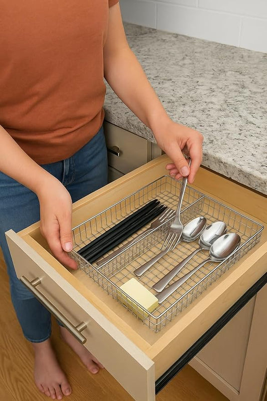 5-Compartment Chrome Wire Cutlery Tray – Durable Utensil & Drawer Organizer for Kitchen & Office Supplies