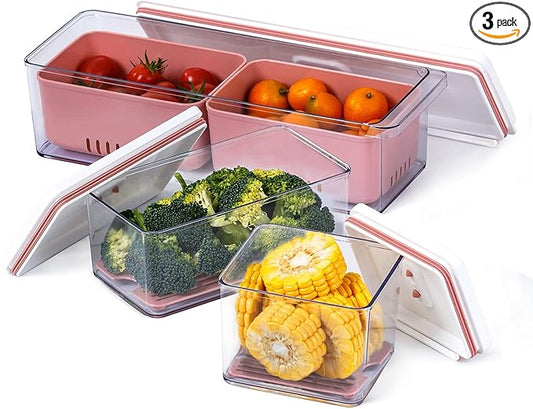 Lille Home Stackable Produce Saver, Organizer Bins/Storage Containers with Removable Drain Tray, Set of Three, for Refrigerators, Cabinets, Countertops and Pantry, BPA Free (Pink,Set of Three)