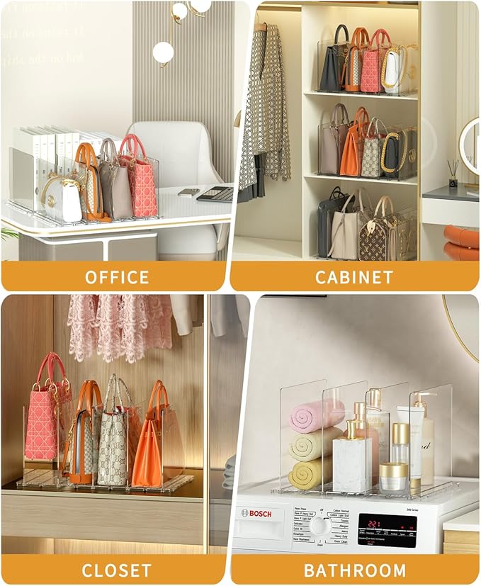 2 Pack Adjustable Clear Shelf Dividers for Closet, Acrylic Purse Organizer for Closet, Handbag Storage Organizer Bookshelf Separator Dividers in Bedroom, Office