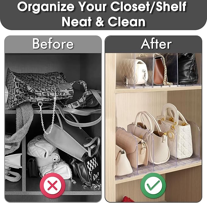 SSAWcasa Closet Purse Organizer, Purse Storage Organizer, Acrylic Purses Shelf Divider Holder, Clear Clutch Women Bag Organizers, Adjustable Handbag Separator Rack for Bathroom Office Bookshelf