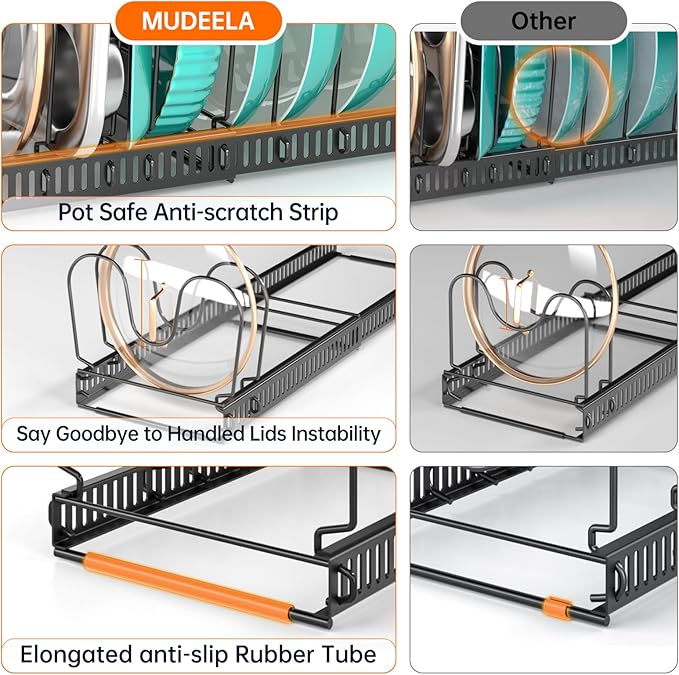 MUDEELA Expandable Pots and Pans Organizer Rack under Cabinet, Pots Lid Organizer Rack for Kitchen Cabinet Organizers and Storage with 12 Adjustable Dividers and Anti-scratch Strip