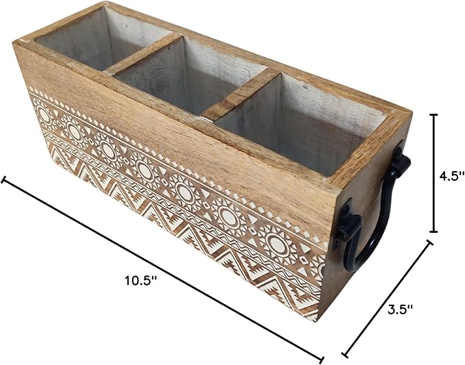 VANIYA CRAFTSR® Handmade Wooden Carved Design 3 Compartments Cutlery Utensil Holder For Napkins, Spoons, Forks, Tissues, Knife (Natural White Finish)