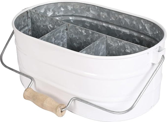 Galvanized Metal Caddy with 4 Compartments, Rustic Farmhouse Kitchen Indoor Outdoor Picnic Utensil Holder, Multipurpose Storage Bin, Metal Garden Planters - 12 Inch - White
