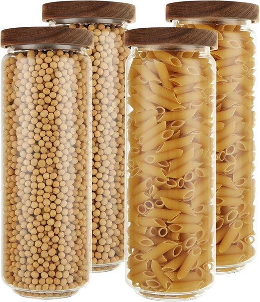 4 Set Glass Food Storage Jars with Bamboo Lids, 42oz/1250ml Glass Canisters with Airtight Lids, Glass Food Storage Jar for Pasta, Coffee Beans, Cereal