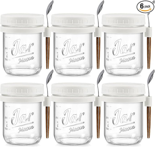 LANDNEOO 6 Pack Overnight Oats Containers with Lids and Spoons, 16 oz Glass Mason Overnight Oats Jars, Large Capacity Airtight Jars for Milk, Cereal, Fruit(White)
