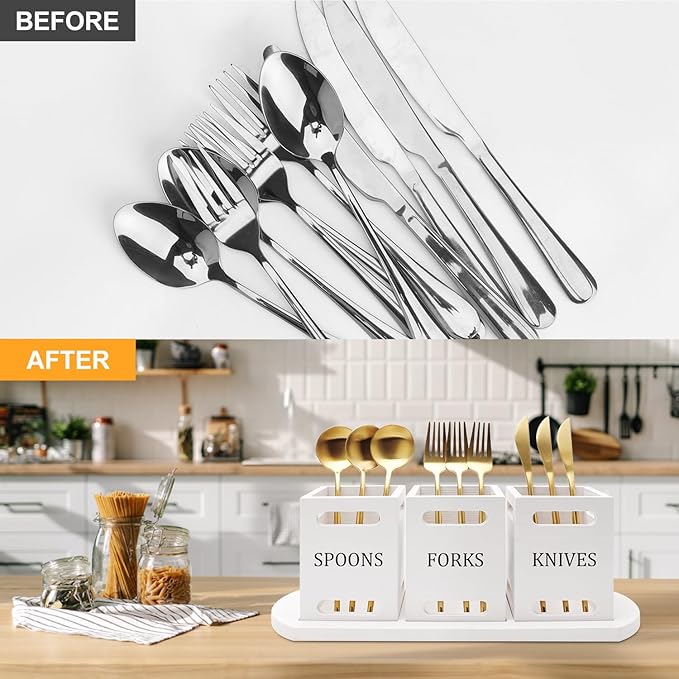 Ayiaren Wooden Flatware Silverware Caddy White Cutlery Holder with Wood Tray Utensils Holder for Kitchen Counter Wood Silverware Organizer for Table Countertop Knife Fork and Spoon Holder for Party