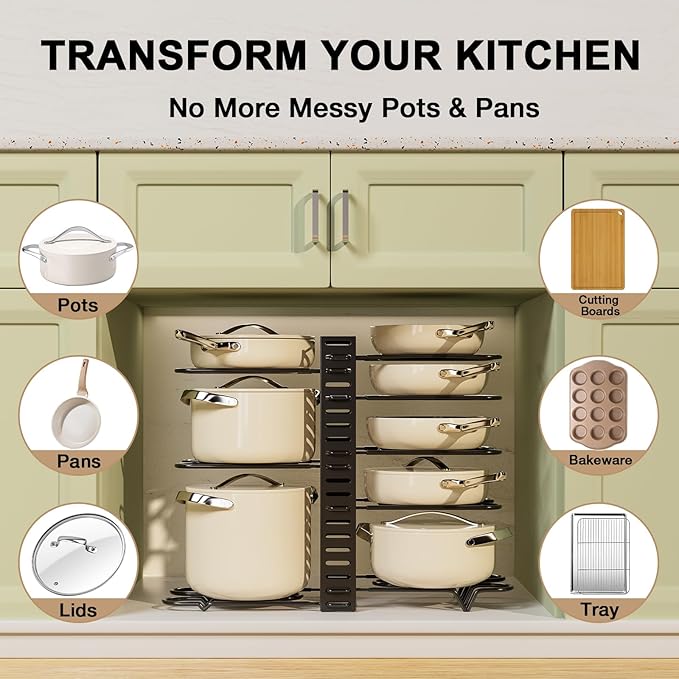 Pot Rack Organizer for Cabinet - Adjustable Pot Lid Holder & Pan Organizer Rack, Heavy-Duty Steel Cookware Storage for Kitchen Cabinet & Drawer Organization, Fits Pots, Pans, Lids