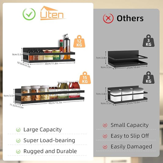 Uten Large Spice Rack for Refrigerator, 2 Pack Strong Magnetic Shelves, Moveable Fridge Organizer for Kitchen Holding Spices, Jars
