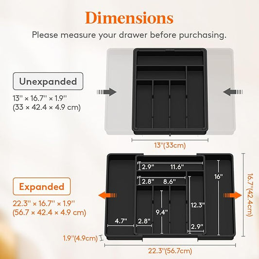 Lifewit Expandable Silverware Drawer Organizer, 22.4 x 16.7 x 2 inches, Adjustable Utensil Cutlery Tray for kitchen, Plastic Flatware Spoon Fork Knives Holder Storage Divider,2 Pack, Black