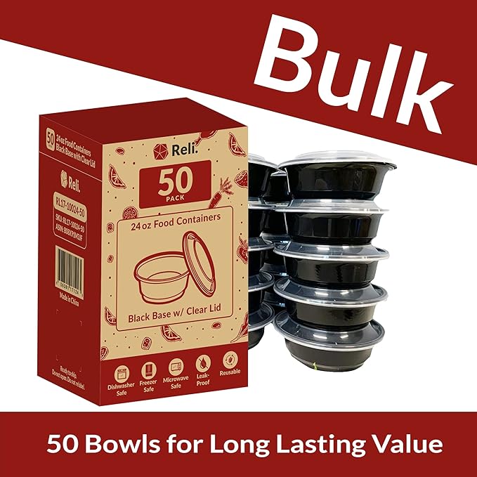 Reli. Meal Prep Container Bowls, 24 oz. | 50 Pack | Round Meal Prep Containers with Lids | Reusable 24 oz Bowls with Lids | Microwavable, Black Food Storage Boxes | Black