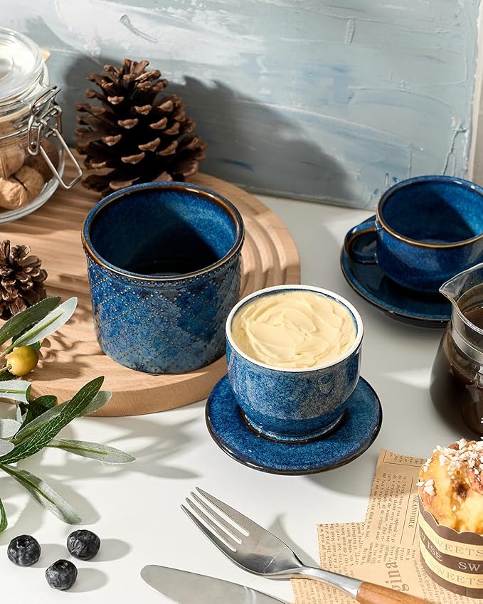 XELA - Ceramic Butter Crock - Butter Dish with Lid for Countertop - Keep Your Butter Perfectly Spreadable 24/7 - Embossed - Kiln Turns Blue