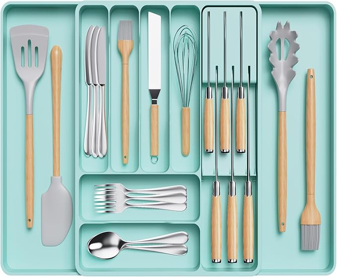Lifewit Silverware Organizer for Kitchen Drawer, Expandable Utensil Tray with Removable Knife Block, Adjustable Cutlery Flatware Holder, Plastic Spoon Forks Holder Storage Divider, Large, Turquoise