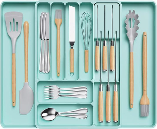 Lifewit Silverware Organizer for Kitchen Drawer, Expandable Utensil Tray with Removable Knife Block, Adjustable Cutlery Flatware Holder, Plastic Spoon Forks Holder Storage Divider, Large, Turquoise