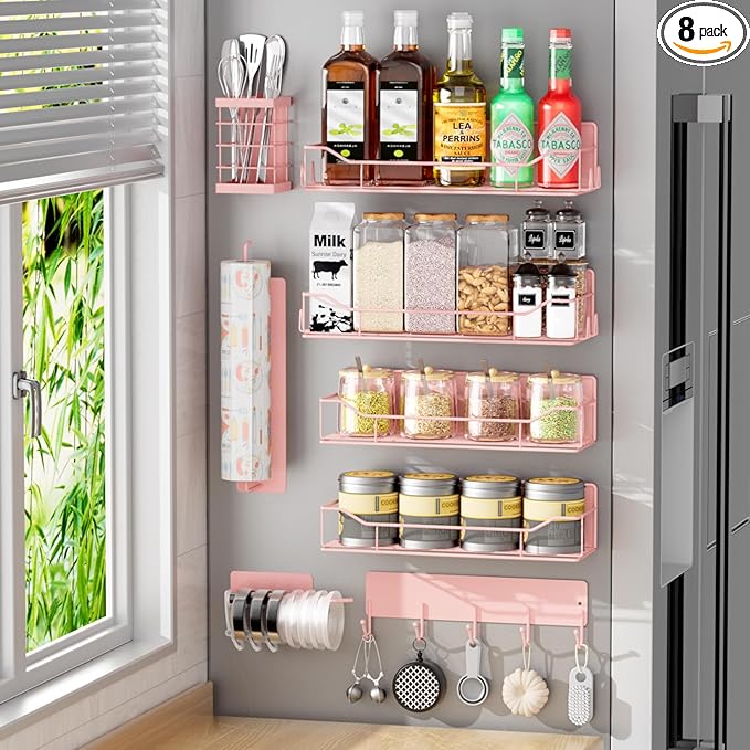 Magnetic Spice Rack for Refrigerator,8 Pack Magnetic Fridge Shelf, Moveable Spice Organizer with Hook Rack, Paper Towel Holder, Utensil Holder,cup lid holder, Super Magnetic Rack Set (Pink)