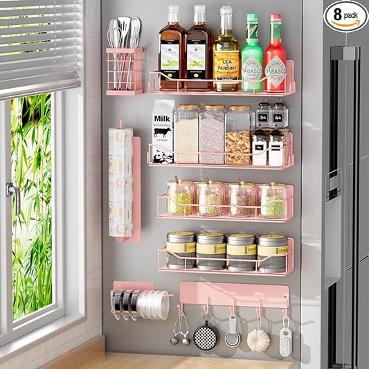 Magnetic Spice Rack for Refrigerator,8 Pack Magnetic Fridge Shelf, Moveable Spice Organizer with Hook Rack, Paper Towel Holder, Utensil Holder,cup lid holder, Super Magnetic Rack Set (Pink)