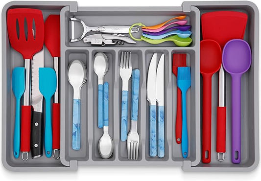 Kitchen Drawer Organizer for Silverware, Utensils, Cutlery (15x13.1 inch Expands to 15x22.2 inch, Gray), Expandable Flatware Holder for Drawers