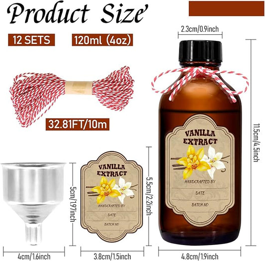 4 oz Amber Glass Boston Round Bottles, 12PCcs - for Homemade Vanilla Extract, Brown Vanilla Extract Bottles with Caps, Ideal for Syrup Gift, Glass Food Storage Canister and Sauce Beans (4OZ-12PC)