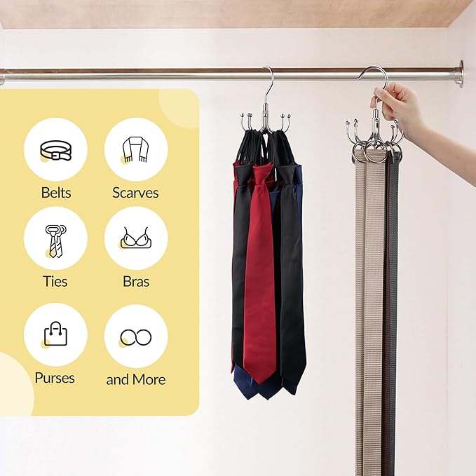 2 Pack Belt Hanger, Space Saving Belt Organizer for Closet, Max 48 Storage Capacity, Rotating Belt Rack Closet Organizers and Storage for Hanging Belt, Ties, Silver