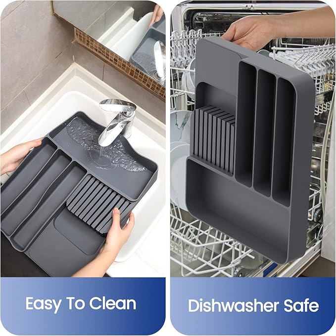 OUTXE Silicone Silverware Drawer Organizer, Non-Slip Utensil Organizer for Kitchen Drawers, Cutlery Tray with Extra Knife Block, 4 Compartments Flatware Organizer for Spoon and Fork, Grey
