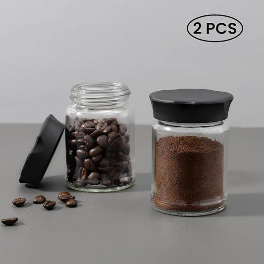 VEVOK CHEF Mini Glass Jars with Black Lids 2 pcs Food Storage Jar Kitchen Canister Small Coffee Tea Spice Storage Jar Set (4 Ounce) Gift