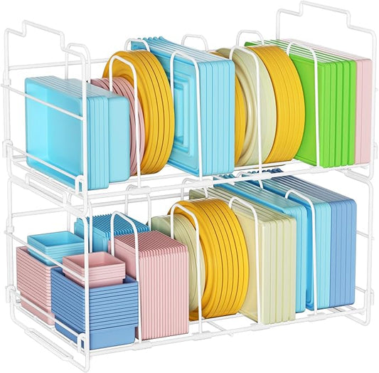 Metal 2-Tier Food Container Lid Organizer – MAYZOLOP Lid Organizers Inside Cabinet with 8 Adjustable Shelf for Kitchen Cabinets, Pantry – Keep Your Kitchen Tidy with Sturdy Storage (White)