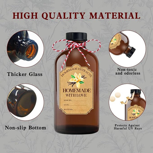 12Pcs 2 oz Amber Glass Bottle Brown Round Bottles with Caps, for Vanilla Extract Homemade, with Stickers and Funnel, for Syrup Gift Glass Food Storage Canister Set, Sauce Beans, Essential Oil