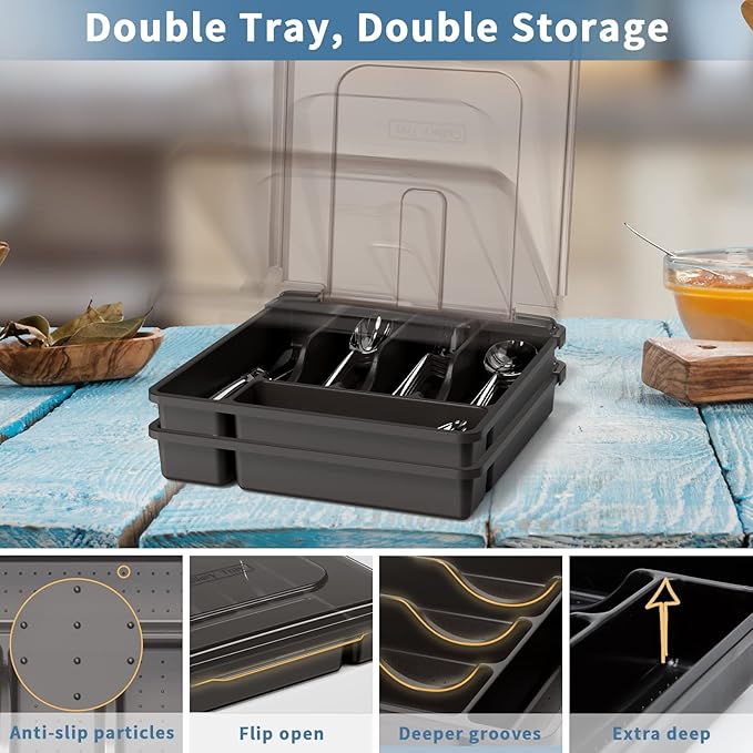 2 Layer Large Silverware Tray with Lid,Stackable utensil organizer for countertop,Removable Tray for Flatware Organizer, Black