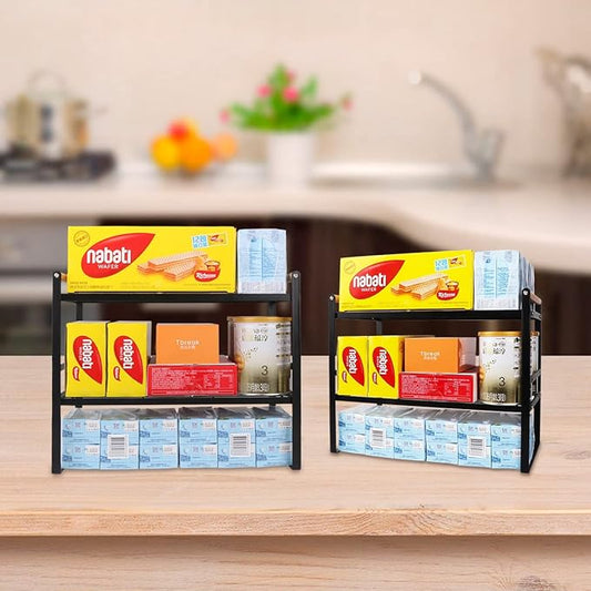 2-Tier Kitchen Countertop Shelf, Iron and Wooden Construction, 16.1 x 8.3 x 12.8 Inches, Black Color, Ideal for Organizing Kitchen Items