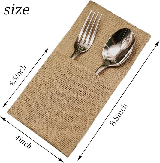 FQTANJU 50 Pcs Burlap Utensils Holders, 4"x8.8" Natural Jute Cutlery Pouch Silverware Holder Knives Forks Spoon Napkin Bag for Rustic Wedding Party Decorations favors