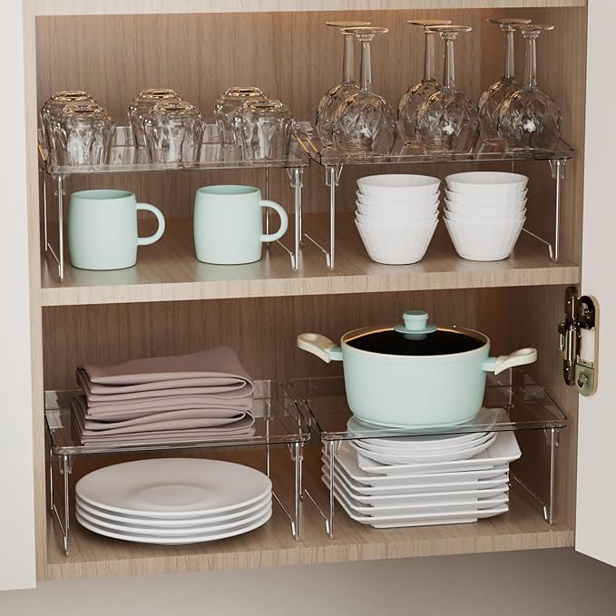2 Pcs Cabinet Organizer Shelf，Stackable Kitchen Counter Shelves, Spice Rack,Countertop Organizers，Clear Plastic Storage Shelves Rack for Makeup，Bathroom, Cupboard，Desk，Pantry Organization