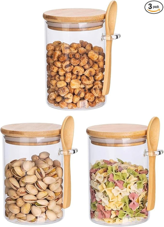 Qikuver 3 pack 18oz Airtight Glass Storage Canister with Bamboo Lids and Spoons Scoop, Food Glass Jars, Kitchen Organization Jar Set for Coffee Beans, Tea, Flour, Salt, Nuts, Candy, Cookie and More