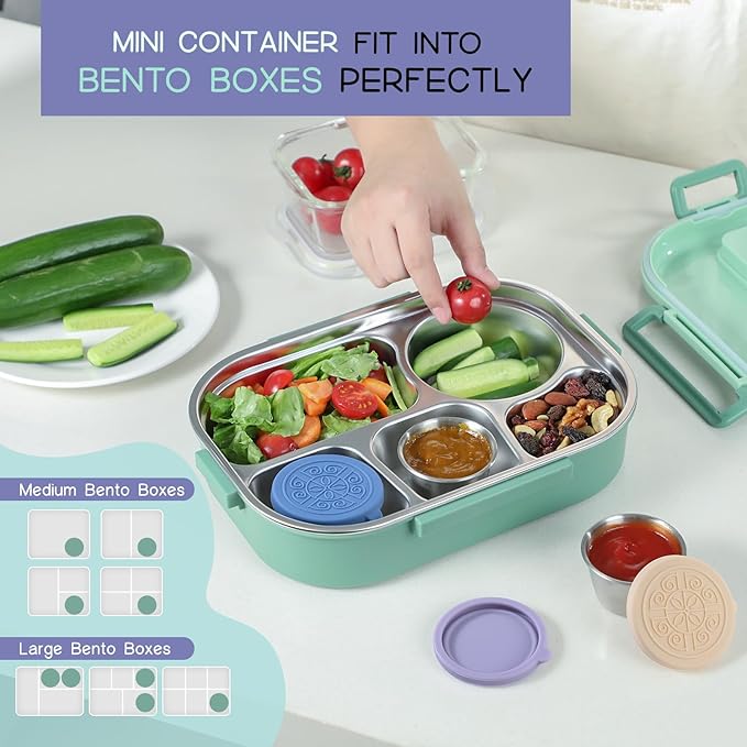 [6 Pack] Salad Dressing To Go Containers, 1.6 oz Small Stainless Steel Sauce Cups With Leakproof Silicone Lids, For Lunch Boxes, Picnics and Travel
