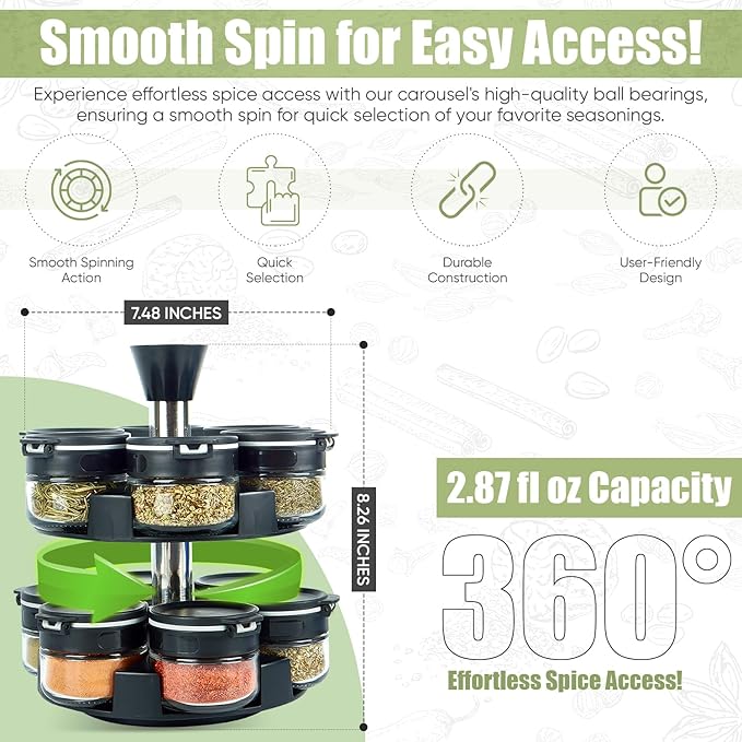 Rotating Spice Rack Organizer - 2-Tier Spice Carousel with 12 Empty Glass Jars, Dual-Lid, Preprinted & Blank Labels, Space-Saving Countertop Spice Storage