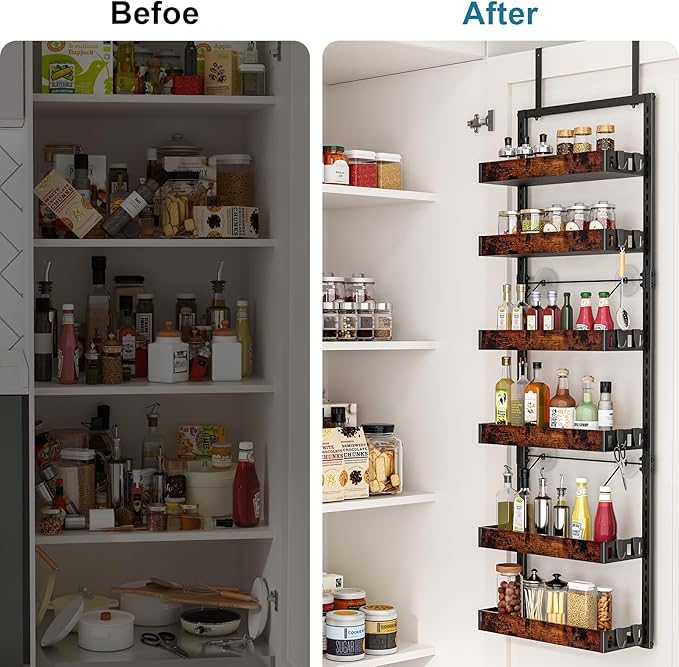 bukfen Over the Door Pantry Organizer, 6-Tier Adjustable Wooden Basket Kitchen Pantry Door Organization and Storage, Heavy-Duty Metal Hanging Kitchen Spice Rack,D6.3 x W17.71 x H50.60 inch,1 Pack