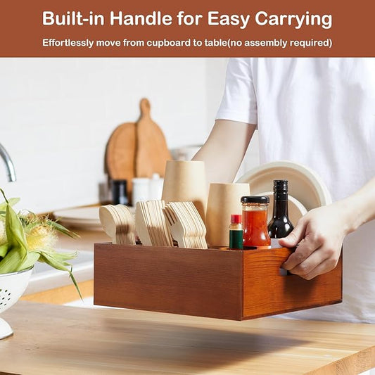 Brown Utensil Holder for Party - Wood Paper Plate Organizer for Countertop - Silverware Caddy with 6 Compartments for Plate Cup Fork Spoon - Cutlery Holder for Kitchen Camping Buffet