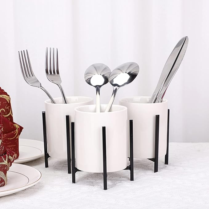 JUXYES Pack of 3 Ceramic Silverware Holder For Party Table, White Cutlery Holder Holder With Black Metal Bracket, Small Flatware Caddy Organizer Utensil Holder Organizer for Kitchen Dining Tables