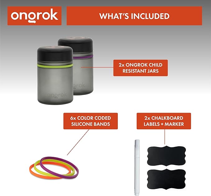 ONGROK Glass Storage Jar, 500ml, 2 Pack, UV Herb/Spice Jar with Child Resistant Lid, Color-Coded Glass Containers Air Proof to Preserve Smell and Aroma, Perfect Size to Store in a Drawer or Cupboard