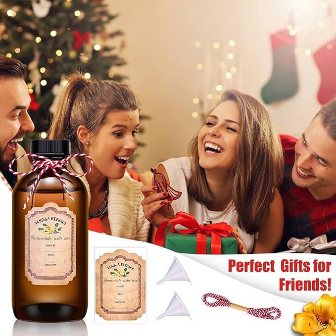 12 Pack Amber Glass Bottles for Vanilla Extract Homemade 8 oz,Vanilla Extract Bottles,Brown Boston Round Bottles with Caps and Stickers,Glass Food Storage Canister for Syrup Beans Sauce Essential Oil
