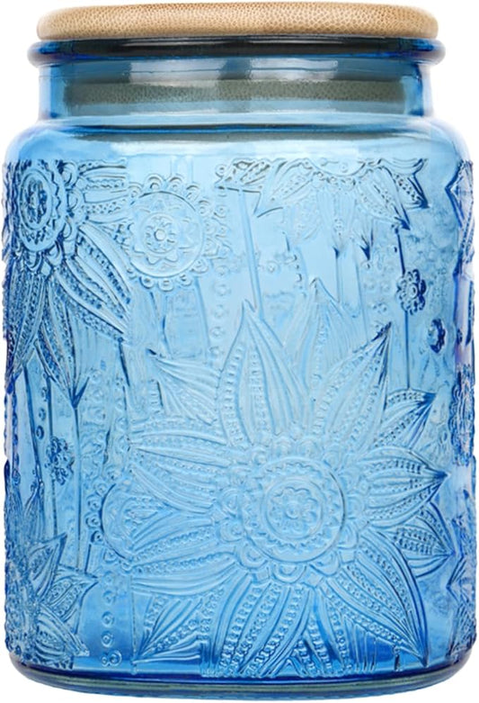 Blue Vintage Glass Candy Jar with Airtight Bamboo Lid, 23.7oz Kitchen Storage Canister for Sugar, Coffee, Tea, Cookies, Bath Salt - Decorative Mason Jar for Pantry & Counter(Blue, 23.7 fl oz)