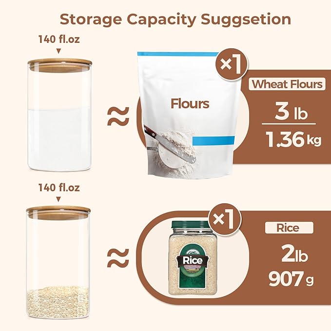 ComSaf Glass Jar with Airtight Lid (140 oz/4 liter/1.1 Gallon), Large Glass Food Storage Container with Bamboo Lid, Glass Jars with Lids for Food