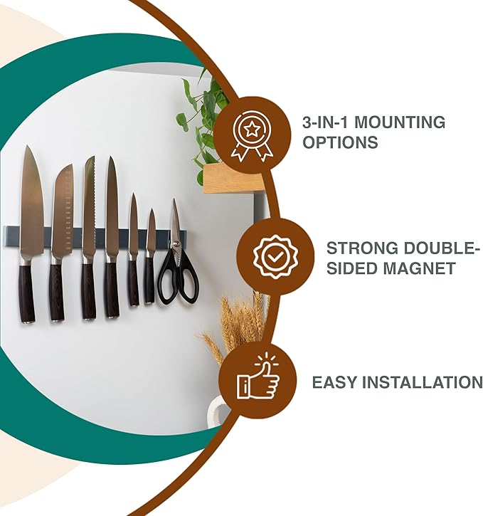 Gunmetal Magnetic Knife Holder 16 Inch Exclusive Color, Extra Strong Adhesive Strip for Wall or Fridge, No Drill Stainless Steel Kitchen Organizer