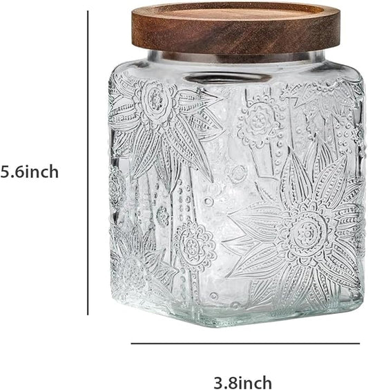 Snminetal Vintage Glass Airtight Storage Jar, With Airtight Wood Lid, Kitchen Food Storage Containers,for Kitchen Counter, Pantry, Tea, Sugar, Coffee Tea Beans,Food Storage Jar (Sunflower*2+plum*2)