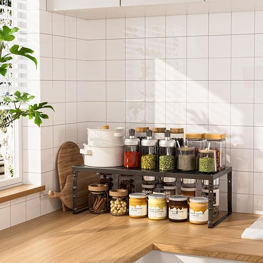 Cabinet Shelf,Expandable Adjustable Stackable Kitchen Organizer,for cabinets, Kitchens, countertops, bathrooms Shelf Organizer(1Pack/Black,Medium)