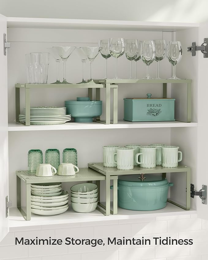 SONGMICS Spice Racks, Set of 2 Metal Cabinet Shelf Organizers, Countertop Organizers, Shelf Risers, Stackable, Expandable, Laurel Green UKCS001C01