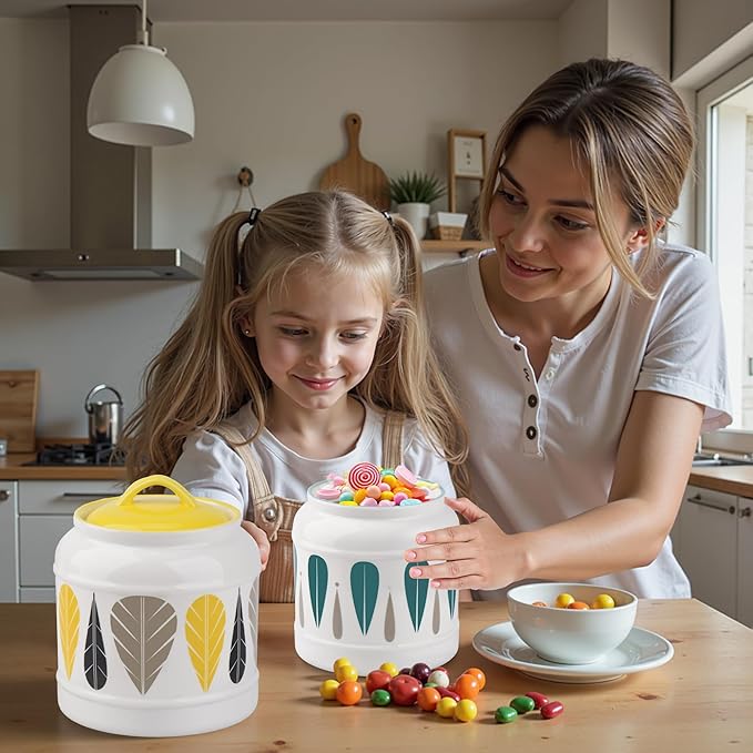 10cup/85oz Large Ceramics Jar with Lid,Big Dry Food Storage Canister Container Porcelain Kitchen Countertop Pantry Farmhouse Round Heavy Store Candy Bean Flour Snacks Cookie Cereal (Yellow)
